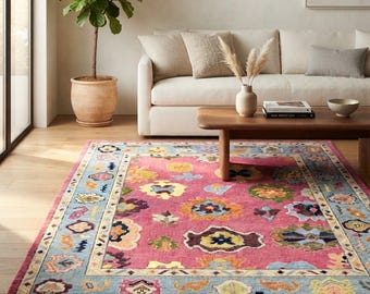 Hand Knotted Wool Floral Rug, Pink Blue Colorful Area Rug, Vintage Inspired Home Decor| 8x10 9x12 10x14