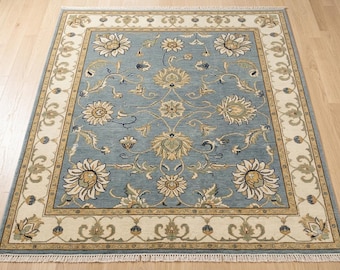 Hand Knotted Wool Rug, Persian Style Floral Area Rug, Vintage Blue & Rust