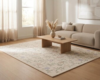 Elfenbeinfarbener Wollteppich mit Blumenmuster, salbeigrüner Vintage-Teppich mit botanischen Motiven, handgetuftet, Teppich in Sondergröße