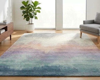 Abstract Watercolor Hand Tufted Wool Rug | Pastel Ombre Sunset Area Rug for Living Room, Aesthetic Modern Bedroom Carpet, Custom Size