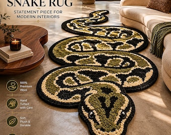 May include: A handmade wool snake rug with a unique design. The rug features a black, olive green, and cream color scheme. The text "LUXURY HANDMADE WOOL SNAKE RUG" is at the top. The rug is a statement piece for modern interiors.