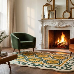 Organic Modern Rug, Hand Tufted Wool Area Rug, Irregular Shape Green Mustard Abstract Carpet, Custom Size, Living Room Bedroom Decor image 7
