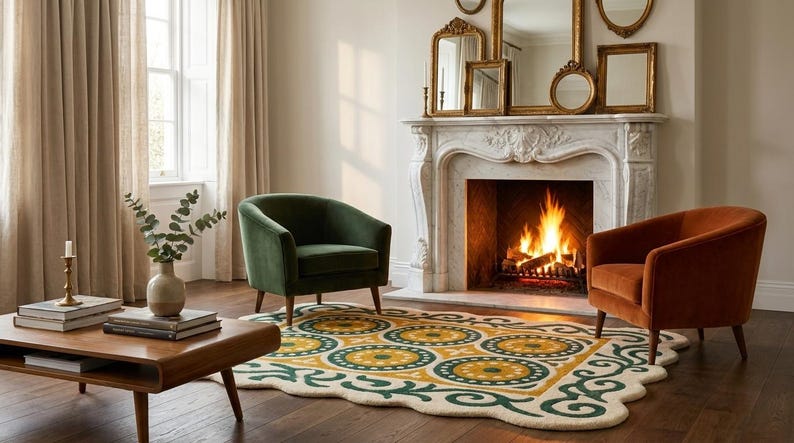 Organic Modern Rug, Hand Tufted Wool Area Rug, Irregular Shape Green Mustard Abstract Carpet, Custom Size, Living Room Bedroom Decor image 7