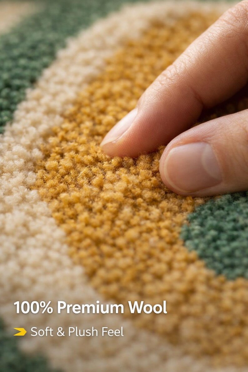 Close-up of premium wool rug fibers showing dense hand tufted texture, soft plush surface with green and mustard yarn detail, hand touching rug
