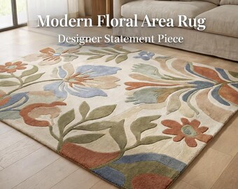 Hand Tufted Floral Wool Rug 8X10, Botanical Area Rug, Cottagecore Rug, Vintage Inspired Rug,Organic Modern Rug, Living Room Rug Custom Size