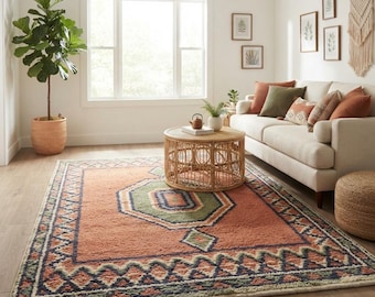 Hand Tufted Wool Rug, Persian Style Area Rug, Sage Green Boho Geometric Rug, Terracotta rug, Handmade Indian Rug, Custom Size Rug 8X10,9X12