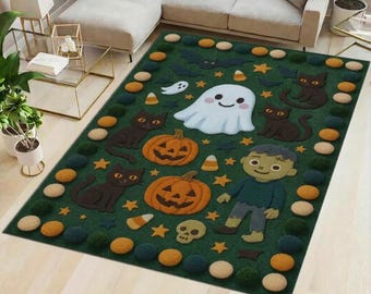 Hand Tufted Wool Rug, Cute Ghost Pumpkin Rug, Spooky Area Rug, Halloween Decor, Kids Room Rug, Handmade premium Halloween statement rug