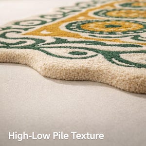 Side view of thick wool rug showing high low pile texture, sculpted carving detail and durable edge finish on neutral background