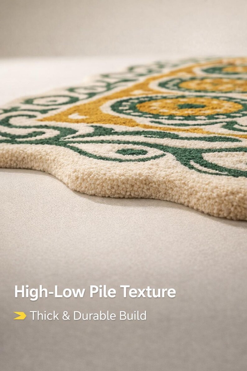 Side view of thick wool rug showing high low pile texture, sculpted carving detail and durable edge finish on neutral background