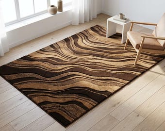 Hand Tufted Modern Abstract Rug, Luxury Wavy Brown Area Rug, Contemporary Living Room Carpet, Minimalist Aesthetic Bedroom Floor Decor
