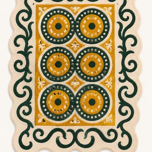 May include: A rectangular rug with a scalloped edge featuring a cream-colored border with a dark green scrolling vine pattern. The central mustard yellow field contains six circular motifs in dark green and yellow with white dot accents.