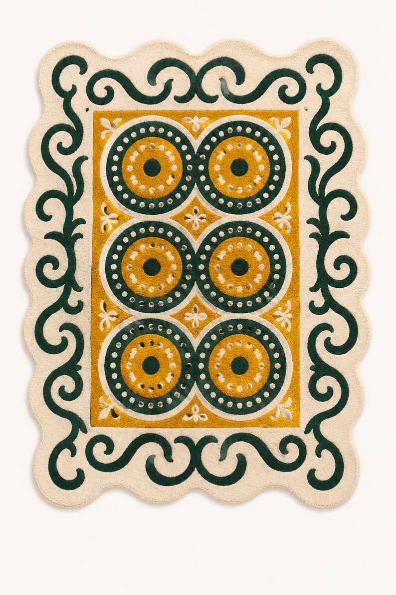 May include: A rectangular rug with a scalloped edge featuring a cream-colored border with a dark green scrolling vine pattern. The central mustard yellow field contains six circular motifs in dark green and yellow with white dot accents.