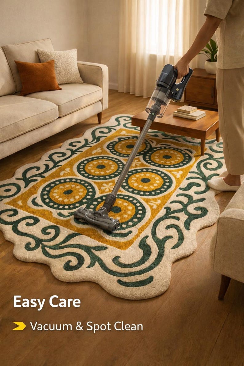 Person vacuum cleaning hand tufted wool rug in modern home, easy care maintenance demonstration in natural light living room