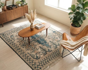Vintage Persian Style Wool Rug, Hand Knotted Blue Beige Area Rug, Traditional Decor