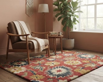 Hand Tufted Wool Floral Rug, Vintage Botanical Area Rug, Terracotta Boho Carpet, Customise Rug 5x8ft,8x10ft,9x12ft