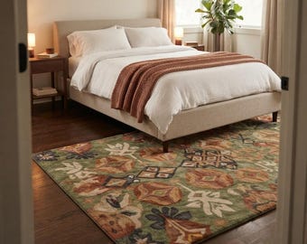 Sage Green Wool Rug, Hand Tufted Vintage Floral Area Rug, Boho Persian Style Rug, Earth Tone Botanical Carpet