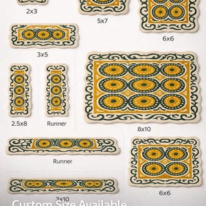 Multiple size options of abstract wool rug displayed in grid layout, custom size rug variations including runner and large area rugs on white background
