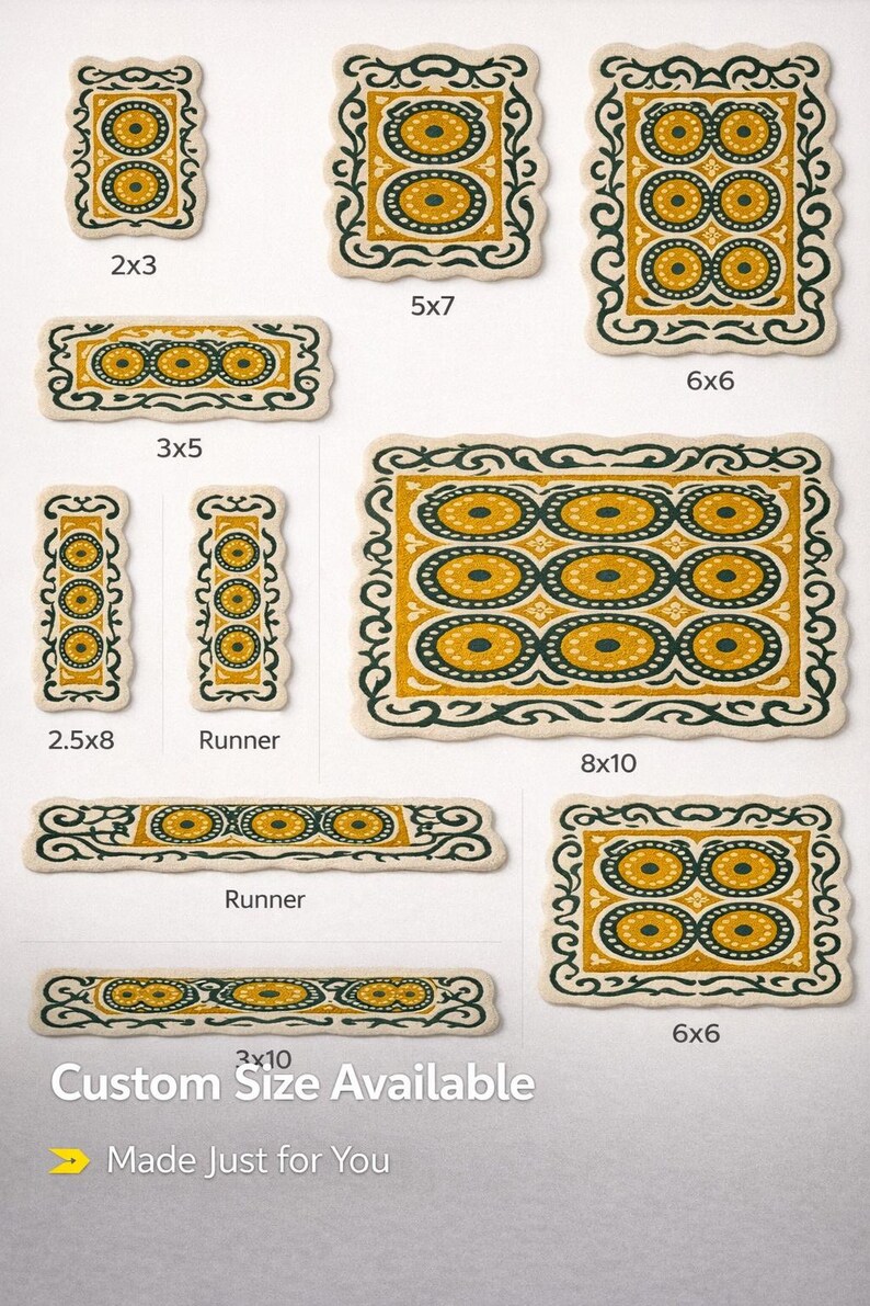 Multiple size options of abstract wool rug displayed in grid layout, custom size rug variations including runner and large area rugs on white background