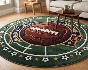 Round Soccer Rug, Hand Tufted Green Wool Football Area Rug, Sports Room Decor
