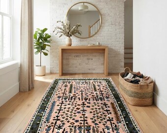 Hand Tufted Wool Rug, Botanical Tree of Life Area Rug, Pink and Green Floral Living Room Carpet, Bohemian Accent Rug, Custom Size Available