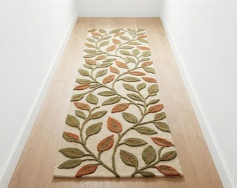 Botanical Runner Rug, Hand Tufted Wool Rug, Sage Green Leaf Rug, Cream Hallway Rug, Custom Size Rug 2x8ft