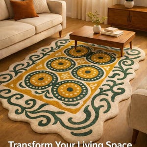 Cozy living room with organic shaped wool rug under coffee table, Scandinavian interior with warm lighting, plant decor and modern furniture