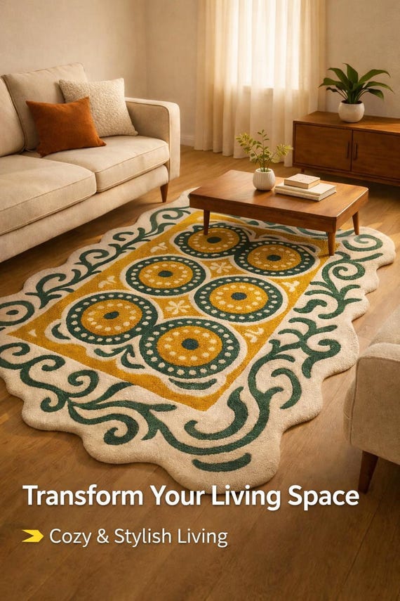 Organic Modern Rug, Hand Tufted Wool Area Rug, Irregular Shape Green Mustard Abstract Carpet, Custom Size, Living Room Bedroom Decor