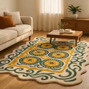 May include: A rectangular area rug with a scalloped edge featuring a cream-colored background, a central mustard yellow border, and a repeating pattern of four dark green and mustard yellow circular motifs with intricate scrollwork borders.