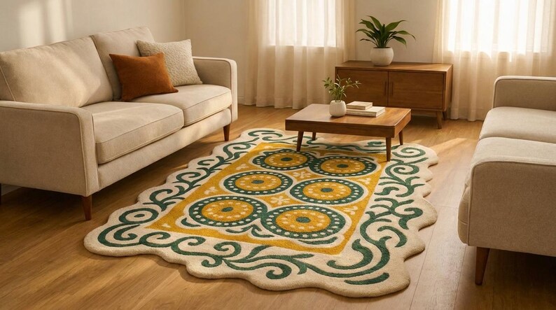 May include: A rectangular area rug with a scalloped edge featuring a cream-colored background, a central mustard yellow border, and a repeating pattern of four dark green and mustard yellow circular motifs with intricate scrollwork borders.