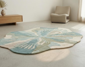 Hand Tufted Wool Rug, Blue Green Floral Abstract Rug, Organic Modern Area Rug