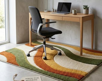 Groovy Retro Wavy Tufted Carpet | Mid Century 3D Sculpted Area Rug | Earthy Terracotta Ochre & Olive Floor Art | Housewarming Gift