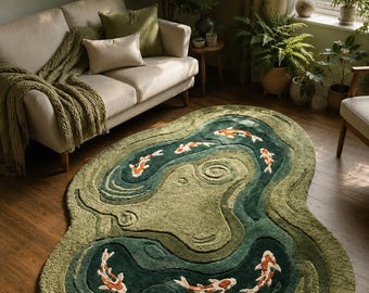 May include: An irregular, organic-shaped wool rug featuring a koi fish pond design with layered shades of green and deep teal. The rug displays several orange and white koi fish swimming within the textured, contoured patterns of the pond.