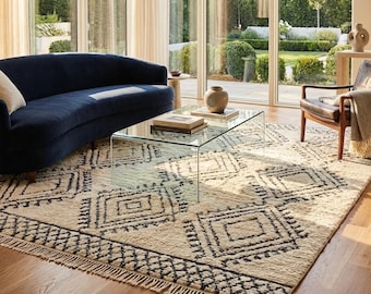 Hand Tufted Wool Rug, Geometric Tribal Area Rug, Cream Black Boho Rug, Modern Carpet, Custome Rug 6x9ft, 8x10ft, 12x15ft
