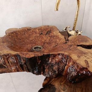 Lavabo de madera de olivo con borde natural: lavabo de madera maciza de 120 años, lavabo rústico hecho a mano para baño.
