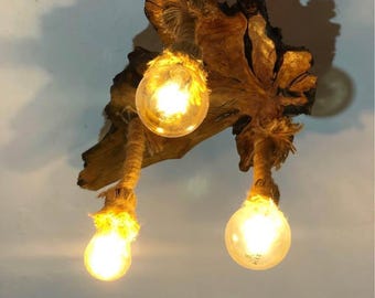 Lámpara de araña de madera de olivo con borde natural, lámpara colgante empotrada, iluminación de techo rústica para comedor e isla de cocina.