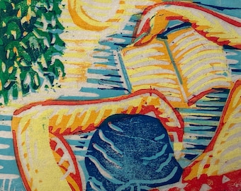 Libertades del verano I – Grabado en madera, pequeño paisaje figurativo, 15 x 15 cm. Grabado original.