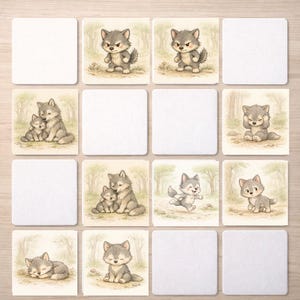 Könnte beinhalten: Set aus sechzehn quadratischen Untersetzern mit Aquarellillustrationen von entzückenden grauen Wolfsjungen in verschiedenen Posen. Einige Untersetzer zeigen eine Mutterwölfin mit ihrem Jungen. Der Hintergrund zeigt Bäume und eine Waldlandschaft.