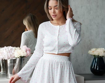 Heart Print Pajama Set, Cute Ruffle Short Set, Ribbed Lounge Set with Long Sleeve Button Up Top, Soft Sleepwear, Coquette Aesthetic Pajamas