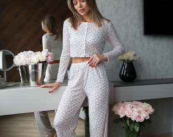 Floral Ribbed Cotton Lounge Set, Coquette Aesthetic Pajama Set with Cropped Long Sleeve Shirt and Pants, Cute Cottagecore Sleepwear Gift