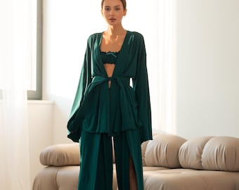 Emerald Green 3 Piece Lounge Set, Cotton Knit Kimono Robe Top and Wide Leg Pants, Luxury Emerald Pajamas, Cozy Loungewear Gift for Wife Her