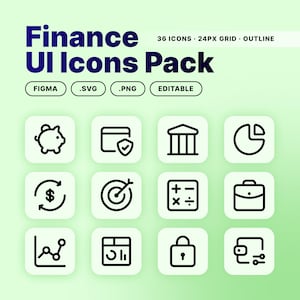 May include: A pack of 36 finance UI icons in a grid layout. The icons are outlined in black on white squares, with a gradient green background. The text "Finance UI Icons Pack" is in dark blue.