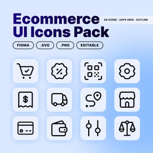 May include: A set of black and white e-commerce UI icons on a light blue gradient background. Icons include a shopping cart, percentage symbol, QR code, settings gear, receipt, delivery truck, location pin, shop, credit card, wallet, sliders, and scales.
