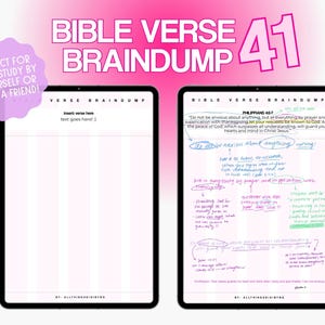 Peut inclure: Deux tablettes numériques affichant des notes d'étude biblique. L'une affiche une page vierge avec le texte "Insert verse here" et "text goes here!". L'autre affiche des notes manuscrites sur Philippiens 4:6-7.