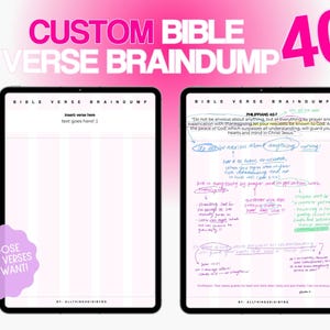 Könnte beinhalten: Zwei digitale Tablets mit Notizen zu Bibelversen. Ein Tablet zeigt eine leere Seite mit dem Text "Insert verse here" und "text goes here!". Das andere Tablet enthält handschriftliche Notizen zu Philipper 4,6-7. Das Bild enthält den Text "CUSTOM BIBLE VERSE BRAINDUMP 40".
