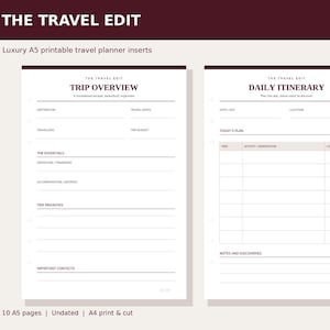 Könnte beinhalten: Zwei A5 druckbare Reiseplaner-Einlagen mit dem Titel The Travel Edit. Die linke Seite enthält Abschnitte für Trip Overview, The Essentials, Trip Priorities und Important Contacts. Die rechte Seite enthält eine Daily Itinerary Tabelle.