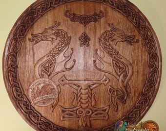 Hand Carved Viking Dragon Shield | Norse Celtic Wall Decor
