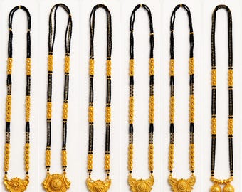 Collar Mangalsutra chapado en oro / Cuentas negras, colgante étnico, joyería para bodas indias