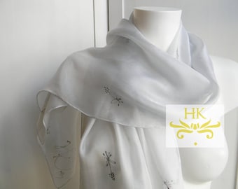 Silver Silk Scarf.Hand Painted Silver Scarf.Grey Silk Shawl.Wedding Scarf.Silver Silk Scarf.Floral Scarf.Prom Shawl.Platinum Silk Scarf.Silk