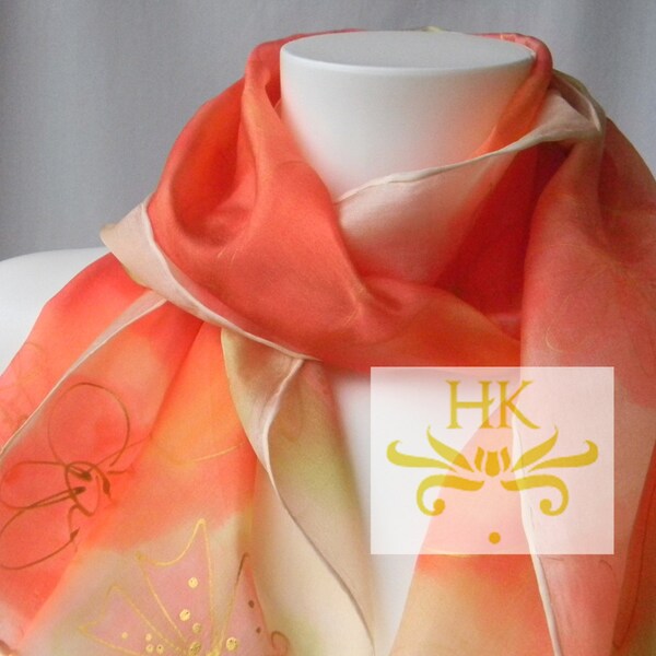 Sale.Coral Pink Scarf.Floral Silk Scarf.Handmade Coral Scarf.Gift Under 30.Salmon Pink and Gold Silk Scarf Handmade.Pink and Gold Silk Scarf