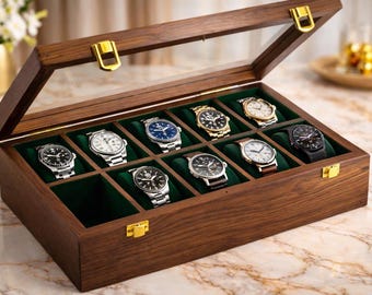 Caixa para relógios em madeira maciça de nogueira, com tampa de vidro, organizador masculino.